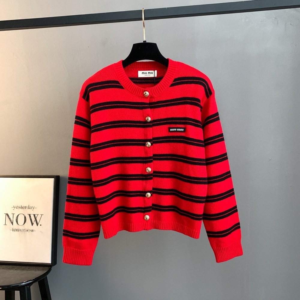 Miu Miu Red and Black Striped Crewneck Cardigan
